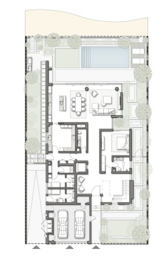 Ground floor plan of the Wave Crest villa, showing the pool and beach terrace, living and dining areas, kitchen, guest suite and double garage.