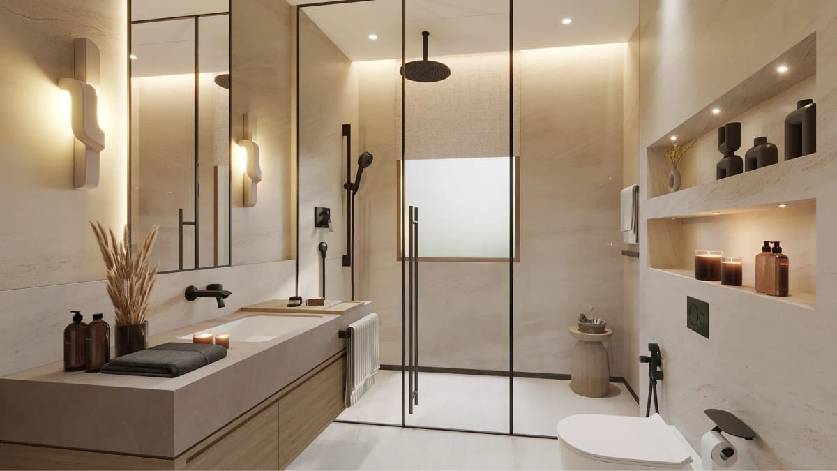 Guest bathroom in travertine, with a walk-in rain shower and recessed lit niches.